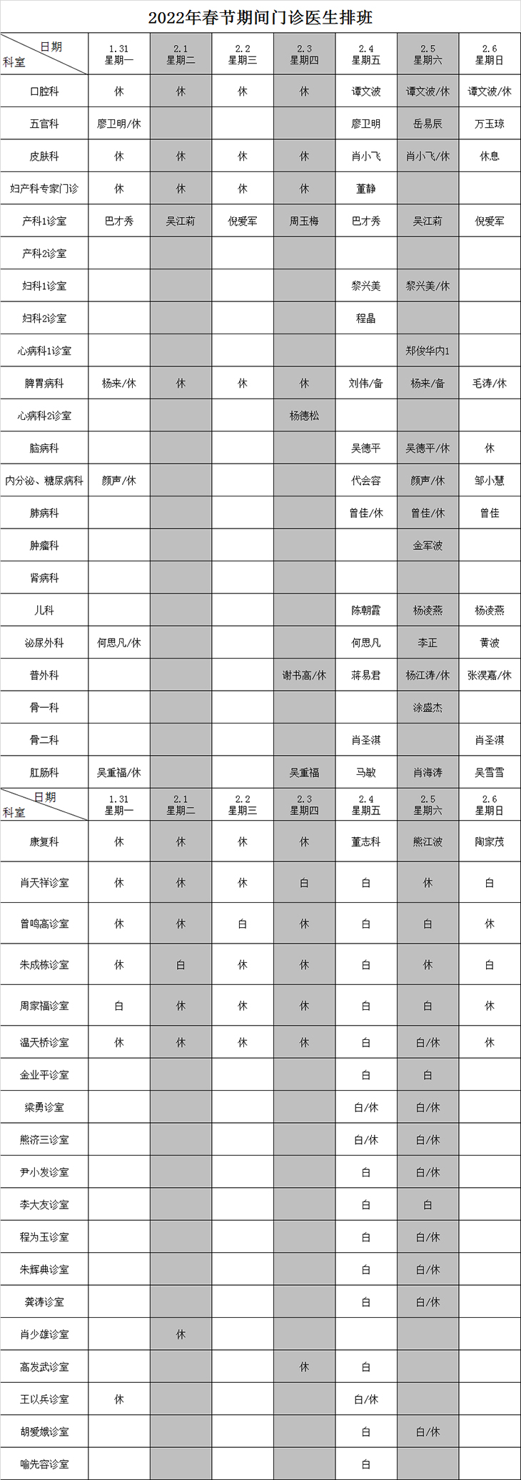 2022年春节期间门诊安排